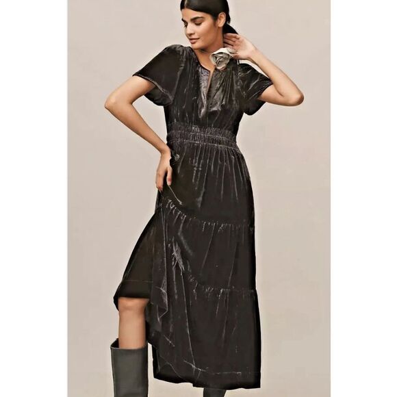 NWT Anthropologie Somerset Gray Tiered v neck velvet maxi dress XXS - Picture 1 of 14